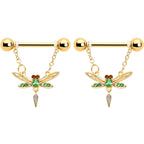 14G 9/16 Green Gem Gold Tone Swank Dragonfly Dangle Nipple Ring Set