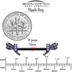 14G 9/16 Purple CZ Gem Black Night Dragonfly Barbell Nipple Ring Set