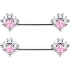 14G 9/16 Pink Clear CZ Gem Rhombus Riot Barbell Nipple Ring Set