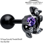 16G 1/4 Purple CZ Gem Black Twining Vine Cartilage Tragus Earring