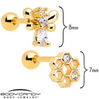 16G 1/4 Clear CZ Gem Gold Tone Bee Hive Luv Cartilage Earring Set of 2
