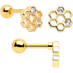 16G 1/4 Clear CZ Gem Gold Tone Bee Hive Luv Cartilage Earring Set of 2