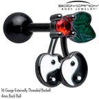 16G 1/4 Red CZ Gem Black Yin Yang Cherry Cartilage Tragus Earring