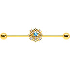 14G Blue CZ Gem Gold Tone Flower Ring Industrial Barbell 38mm
