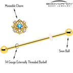 14G Blue CZ Gem Gold Tone Flower Ring Industrial Barbell 38mm