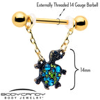 14G 9/16 Blue Gem Gold Hue Sweet Sea Turtle Dangle Nipple Ring Set