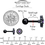 16G 1/4 Purple CZ Gem Black Flower Ring Cartilage Tragus Earring