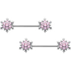 14G 9/16 Pink CZ Gem Snowflake Glam Barbell Nipple Ring Set