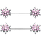 14G 9/16 Pink CZ Gem Snowflake Glam Barbell Nipple Ring Set