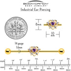 14G Purple CZ Gem Gold Tone Heart of Love Industrial Barbell 38mm