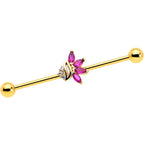 14G Red CZ Gem Gold Tone Swirl Fan Industrial Barbell 38mm