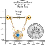 14G 9/16 Blue CZ Gem Gold Tone Flower Ring Dangle Nipple Ring Set