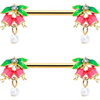 14G 9/16 Clear CZ Gem Gold Hue Bell Flower Barbell Nipple Ring Set
