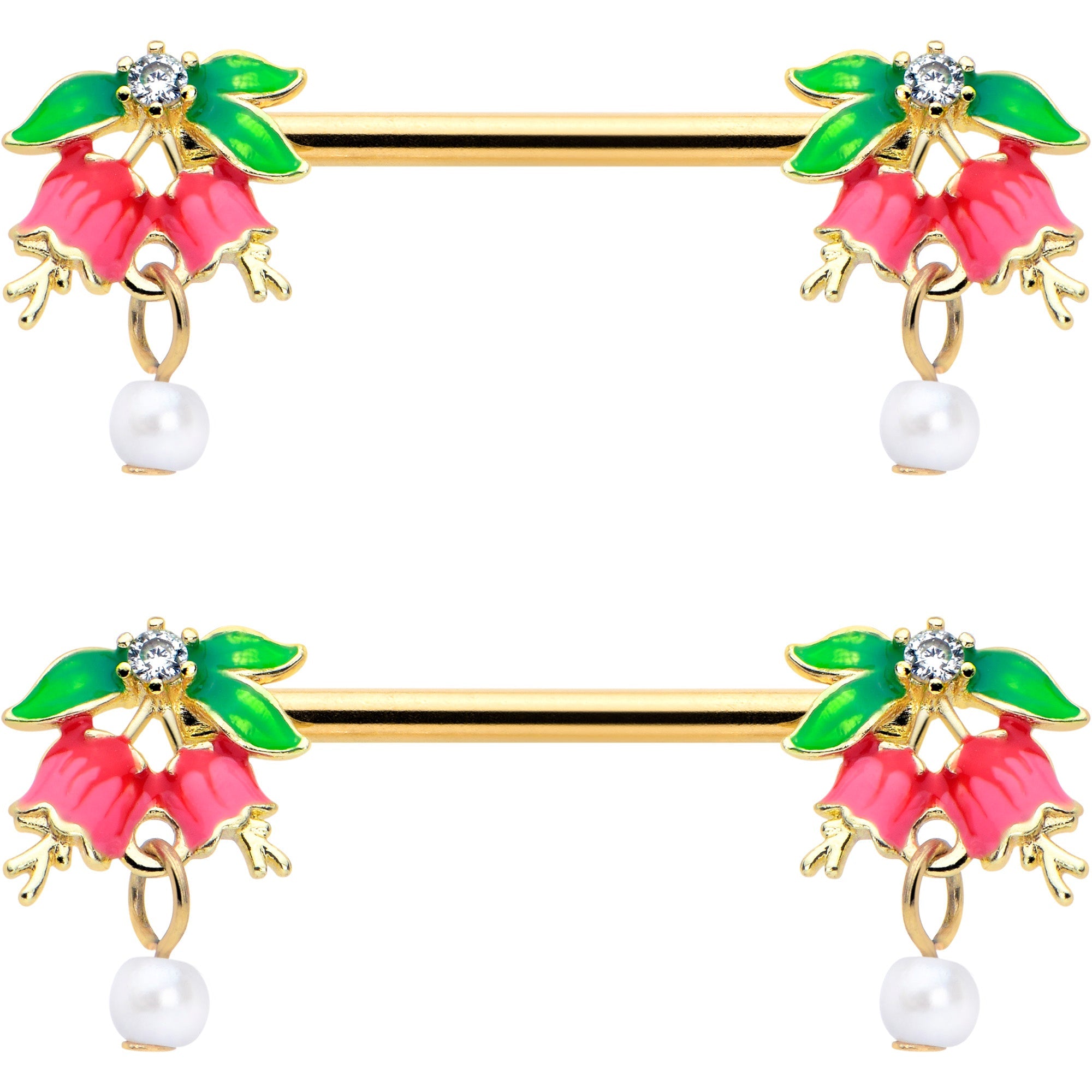 14G 9/16 Clear CZ Gem Gold Hue Bell Flower Barbell Nipple Ring Set