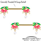 14G 9/16 Clear CZ Gem Gold Hue Bell Flower Barbell Nipple Ring Set