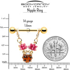 14G 9/16 Clear Gem Gold Tone ladybug Lotus Dangle Nipple Ring Set