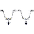 14G 9/16 Yellow CZ Gem Flower Bee Chain Dangle Nipple Ring Set