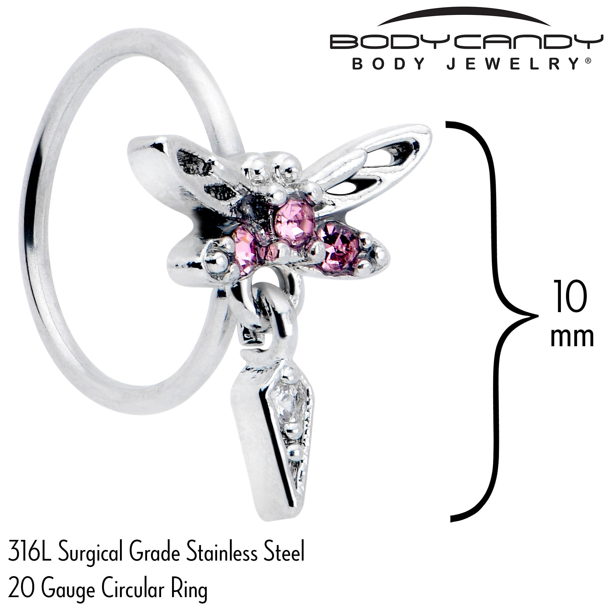 20G 5/16 Pink Gem Swank Dragonfly Dangle Nose Hoop