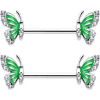 14G 9/16 Clear CZ Gem Butterfly Green Barbell Nipple Ring Set