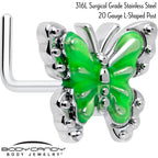 20G 7mm Butterfly Green Splash L Shape Nose Ring