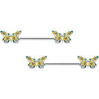 14G 9/16 Yellow CZ Gem Blooming Butterfly Barbell Nipple Ring Set