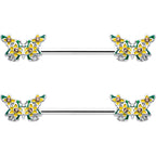 14G 9/16 Yellow CZ Gem Blooming Butterfly Barbell Nipple Ring Set