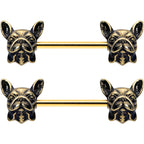 14G 5/8 Gold Tone Anodized French Bulldog Barbell Nipple Ring Set