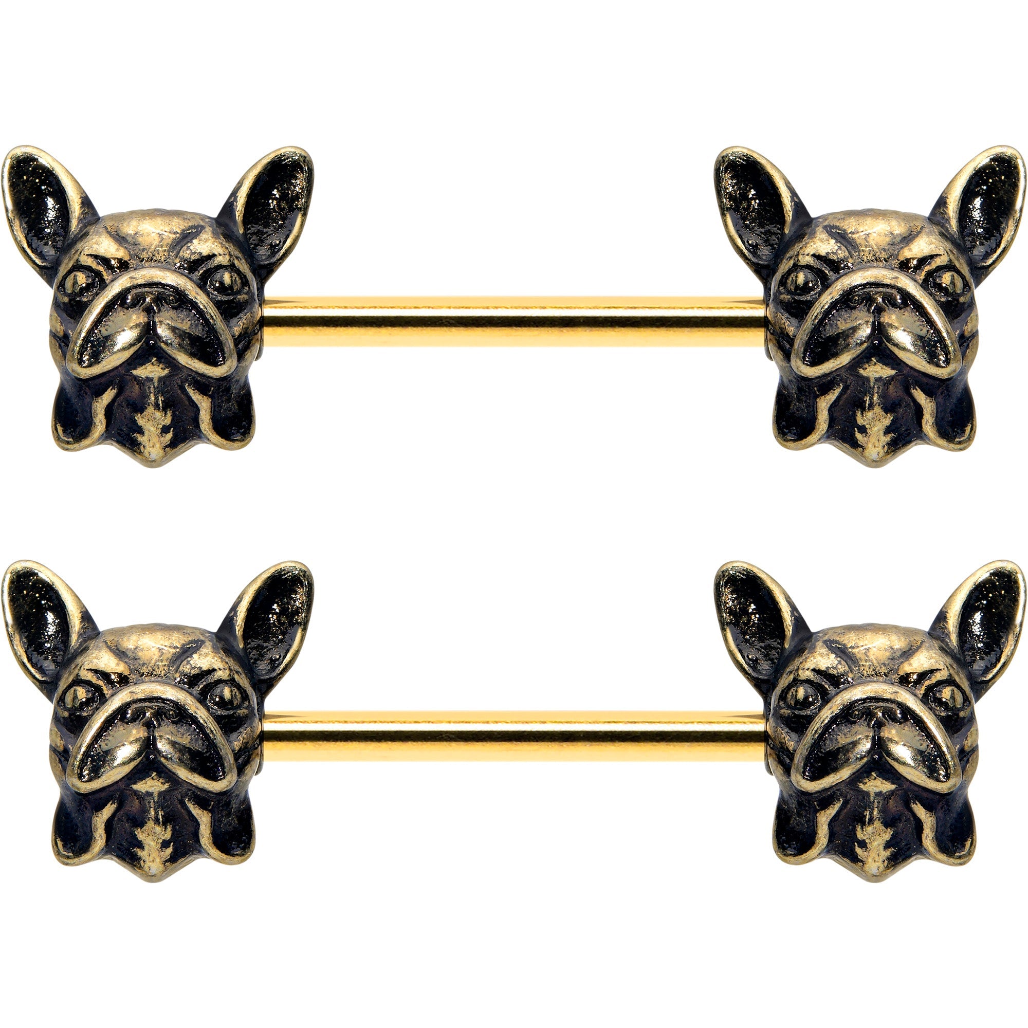 14G 5/8 Gold Tone Anodized French Bulldog Barbell Nipple Ring Set