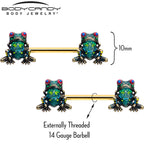 14G 5/8 Gold Tone Anodized Colorful Tree Frog Nipple Ring Set