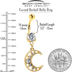Clear CZ Gem Gold Tone Anodized Crescent Moon Glam Dangle Belly Ring