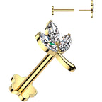 16G 1/4 CZ Gem Leaves Gold PVD Medical Grade Titanium Reversible Flat Back Earring