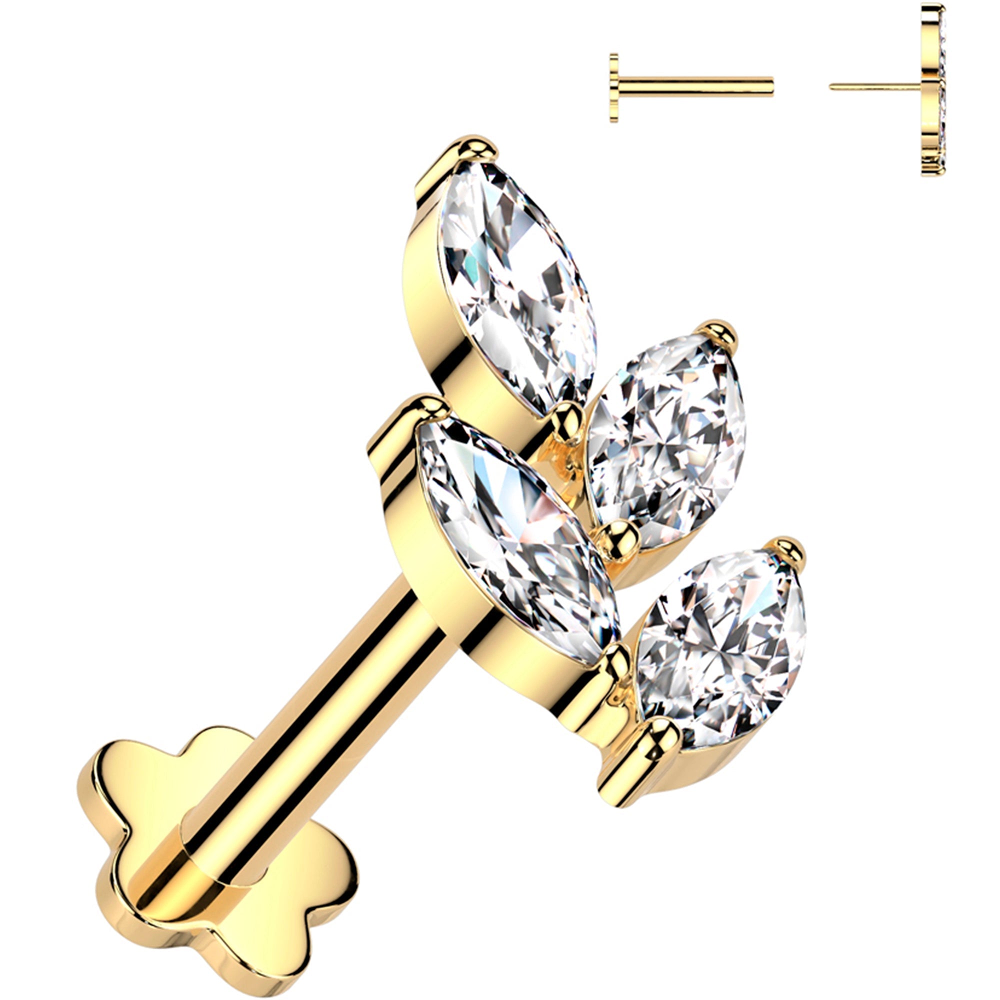 16G 5/16 Clear CZ Gem Vine Gold PVD Medical Grade Titanium Reversible Flat Back Earring