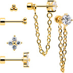 20G Clear Gem Gold Tone Ball Chain Dangle Flatback Earring Set of 6