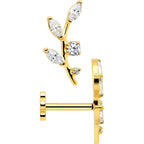 18G 1/4 Clear Gem Gold PVD Implant Grade Titanium Leaves Threadless Flatback Earring