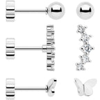 20G CZ Gem Ball Arch Butterfly Reversible Flower Flat Back Earring Set of 6