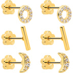 20G Clear CZ Gem Moon Circle Bar Reversible Flower Flat Back Earring Set of 6