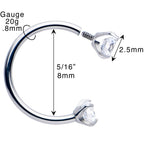 Double Gem Titanium Horseshoe Nose Ring -  Internally Threaded Solid Titanium CZ Horseshoe Nose Hoop