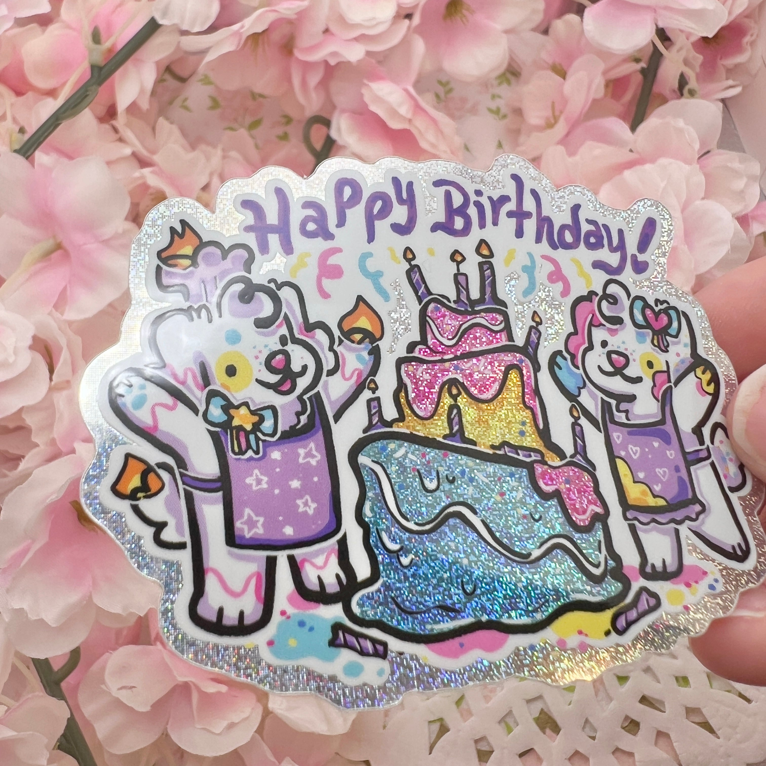 "Happy Birthday!" Confetti and Fondant Birthday Puppies ~ Pixie Dust Glitter Sticker