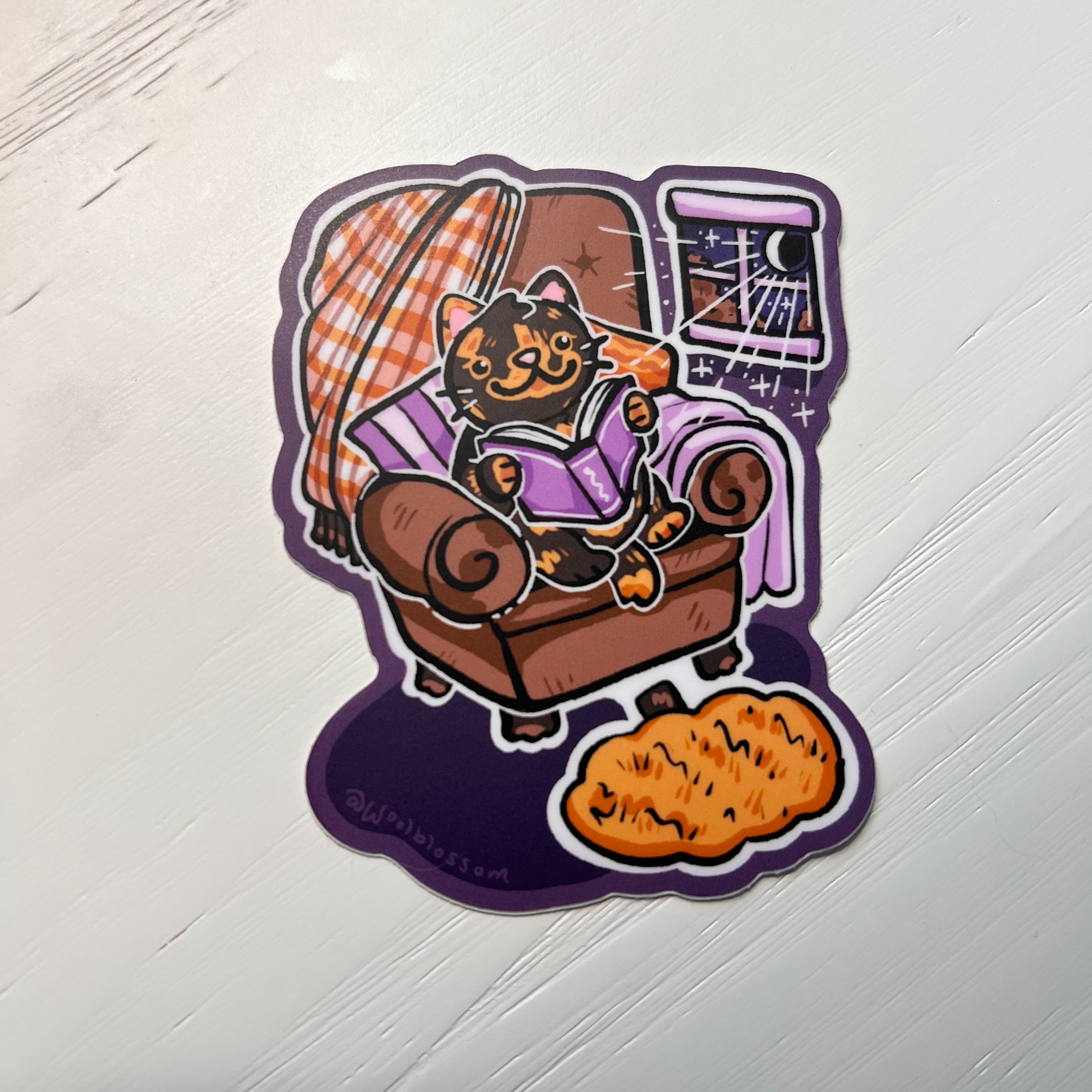 Nighttime Reader Tortie Cat ~ Sticker