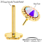 14k Yellow Gold Flat Back Earring 20G 3mm Aurora CZ Floral Reversible