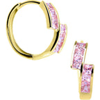 14k Yellow Gold Pink CZ Square Huggy Earrings