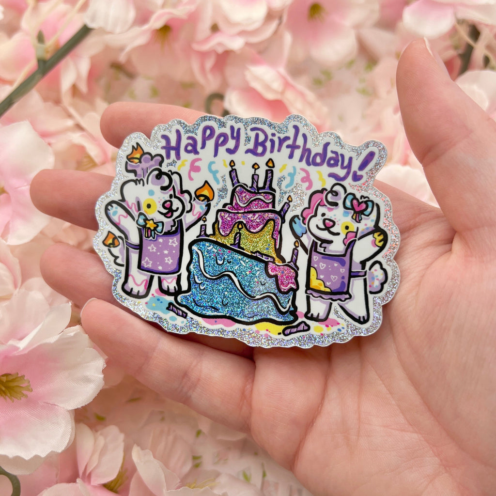 "Happy Birthday!" Confetti and Fondant Birthday Puppies ~ Pixie Dust Glitter Sticker