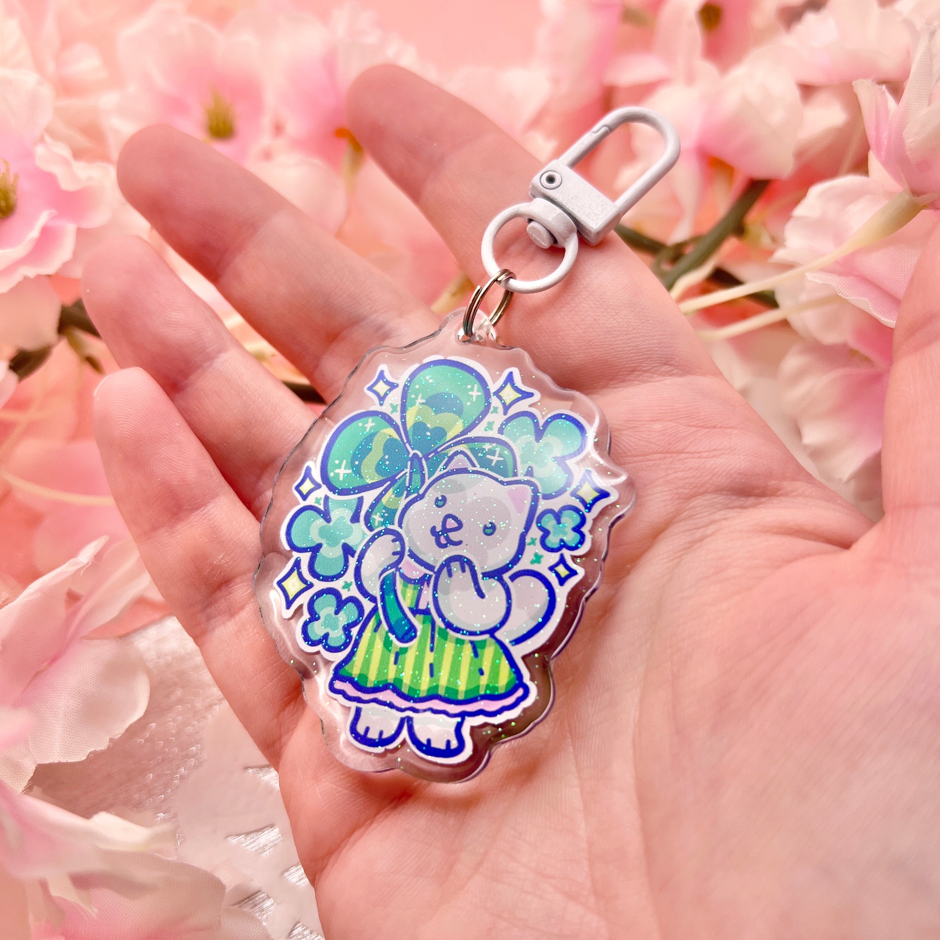 Lucky Clover Kitty ~ Glitter Acrylic Keychain Charm