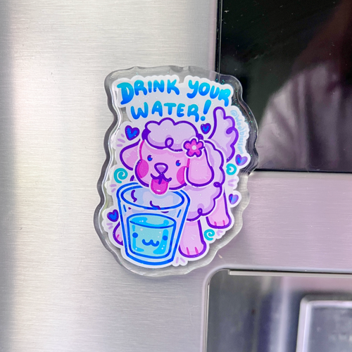 "Drink Your Water" Blossom Puppy ~ Glitter Acrylic Magnet