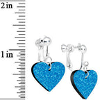 Island Blue Glitter Heart Dangle Clip Earrings