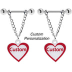 Custom Red White Heart Chain Personalized Name Dangle Nipple Ring Set