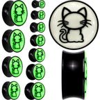 Glow in the Dark Kitty Cat Black Acrylic Saddle Plug Set 8mm to 20mm by Onyx O