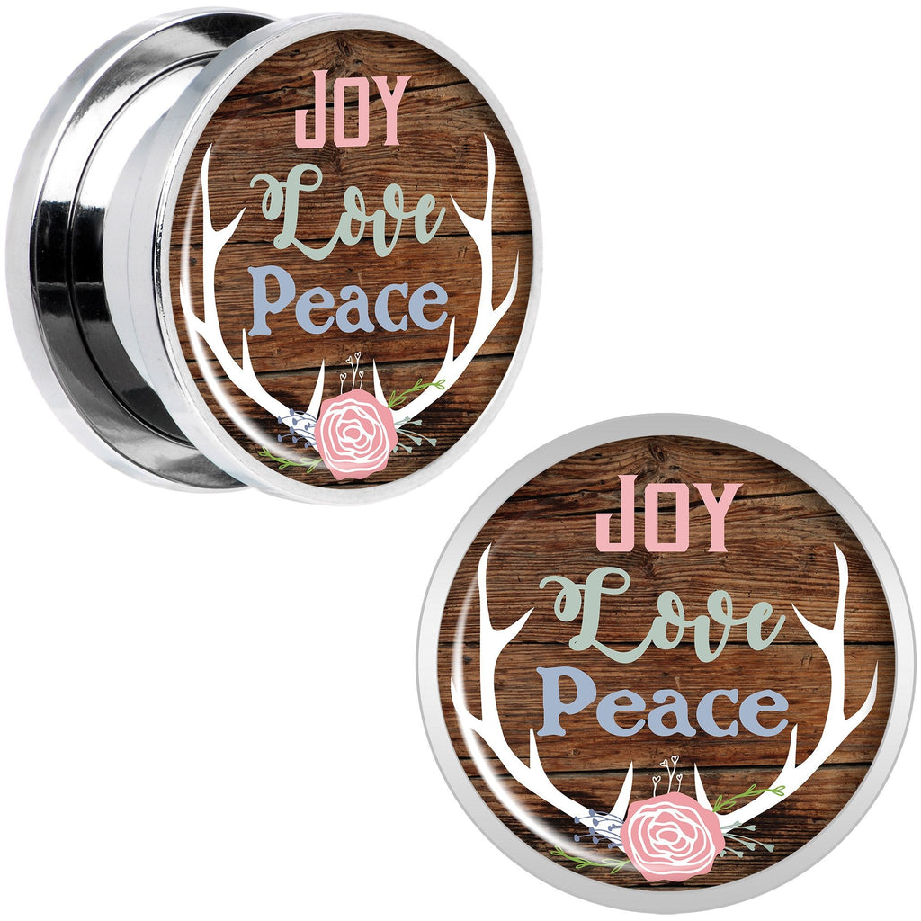 Rustic Joy Love Peace Antlers Screw Fit Plug Set Sizes 5mm to 20mm