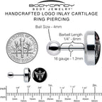 16G 1/4 Black White Winged Cross Tragus Cartilage Earring by Onyx O