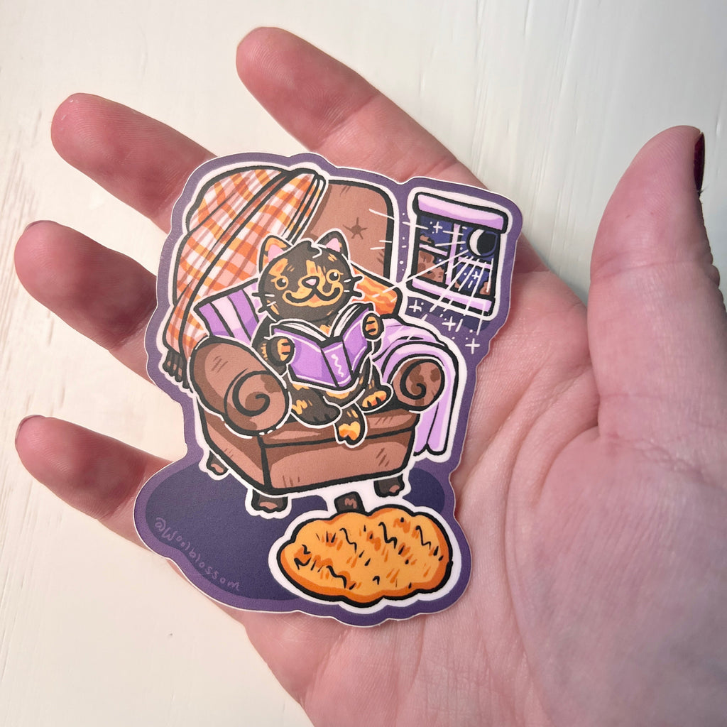 Nighttime Reader Tortie Cat ~ Sticker